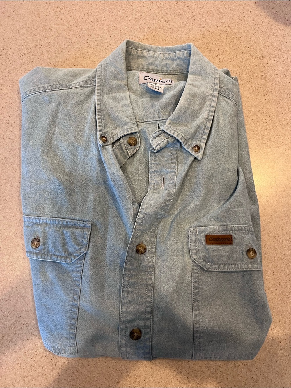 Carhartt Shirt Mens Large Blue Denim Work Workwear Button Up Short Sleeve